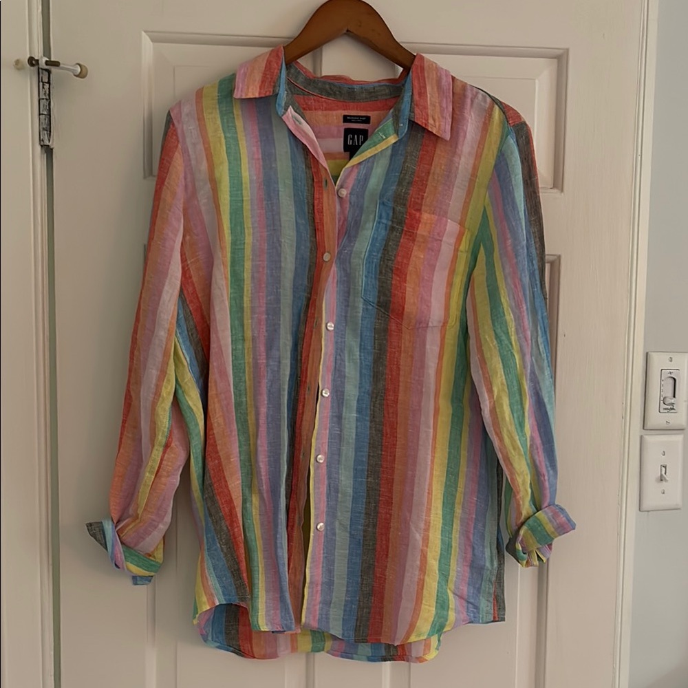 GAP Linen Multicolor Striped Boyfriend Shirt Size Small